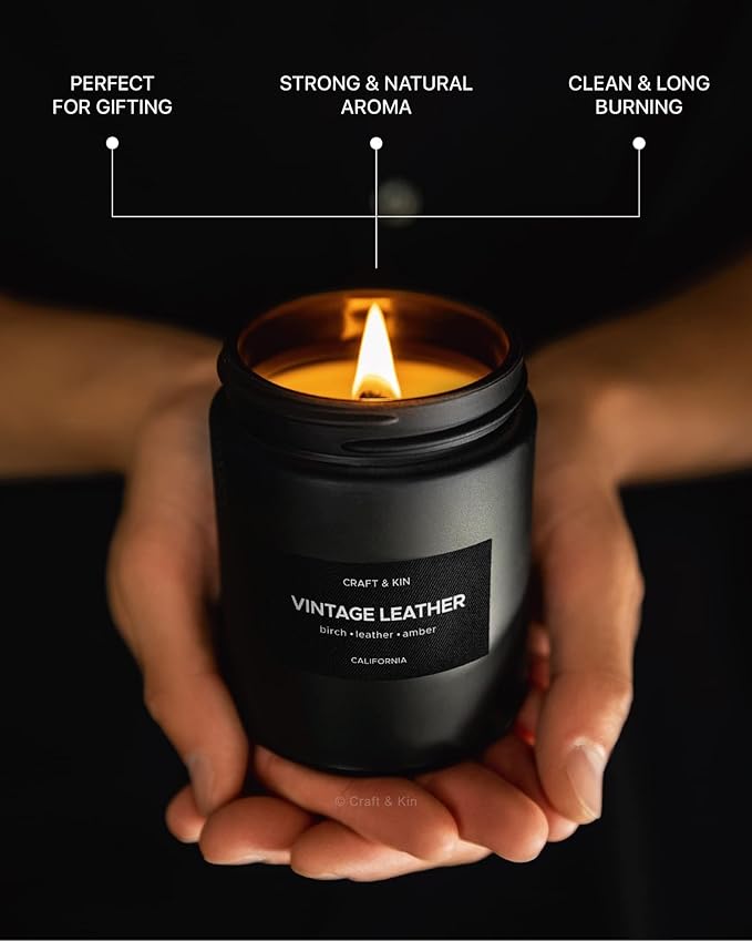 Craft & Kin Premium Vintage Leather Candle | Black Spring Scented Candles for Men | Long Lasting with 45 Hour Burn Time, 7.6oz | Made with Soy | Aromatherapy at Home | Gifts for Men