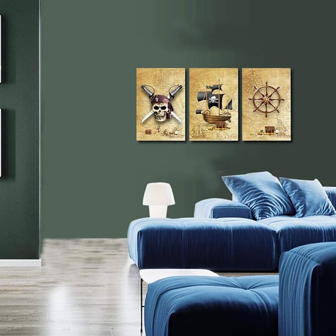 Pirate ship and rudders Canvas Wall Art for Living Room Bedroom Decoration wall painting,Bathroom Wall Decor Home Decoration kitchen posters artwork,Adventure map decoration 16x12 inch/ 3 piece set