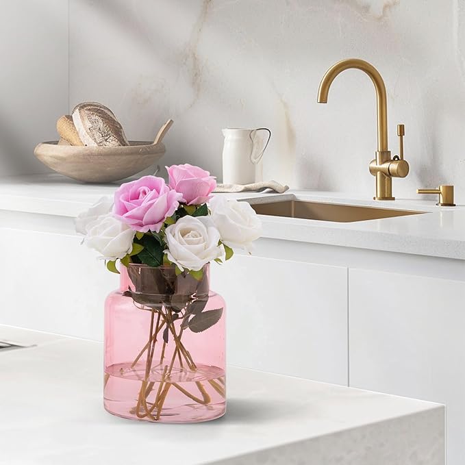 Large Glass Vase, 7 Inch Pink Glass Vase, Large Flower Vases for Bouquet, Wide Mouth Vases for Flowers, Home, Wedding, Living Room, Office Decor
