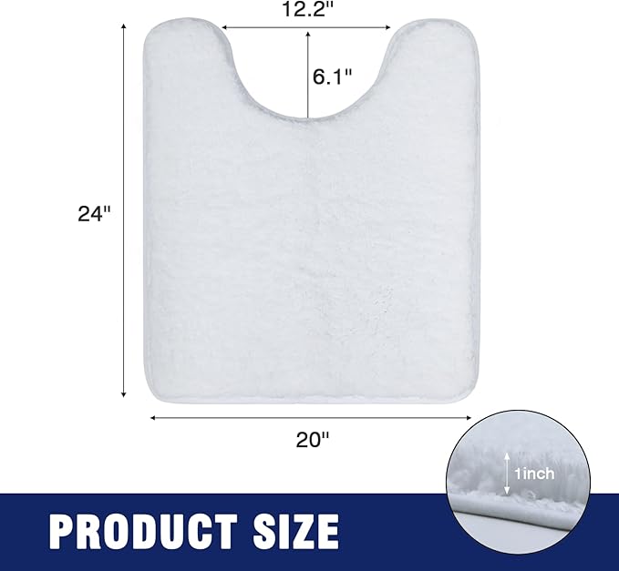 TECHMILLY U Shaped Super Soft Shaggy Bathroom Rugs, Absorbent Thick Non Slip Microfiber Toilet Rugs, Quick Dry Machine Washable Bath Mat for Bathroom Floor, Bathtub and Shower 24"x20" White