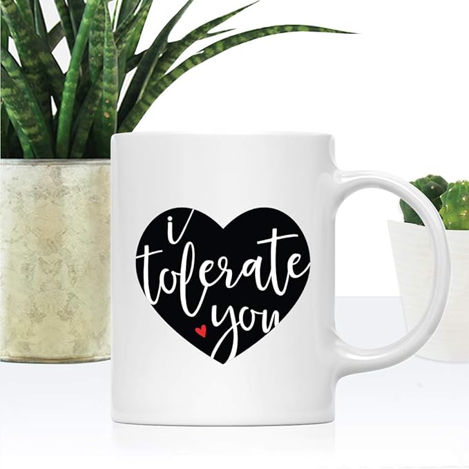 Andaz Press Valentine’s Day Funny 11oz. His Her Couples Coffee Mug Gift, I Tolerate You, Heart Graphic, 1-Pack, Gift Box