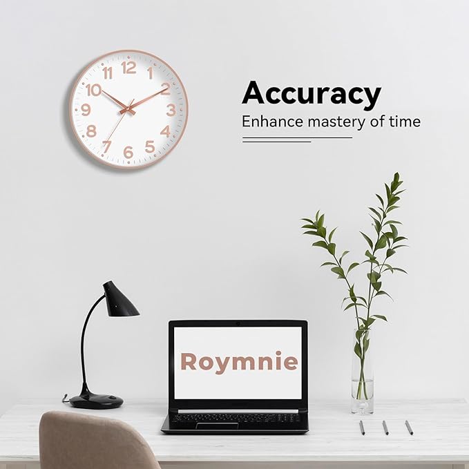 Wall Clock, Silent Wall Clocks Battery Operated 8 Inch-Modern Non Ticking Analog Clock Decorative for Kitchen Office Bathroom Bedroom(White Rose Gold)