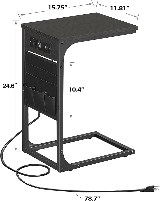 TUTOTAK C Shaped End Table with Charging Station, Side Table for Sofa and Couch with Storage, TV Tray Table with 2 USB Ports & Outlets - Black TB01BK024