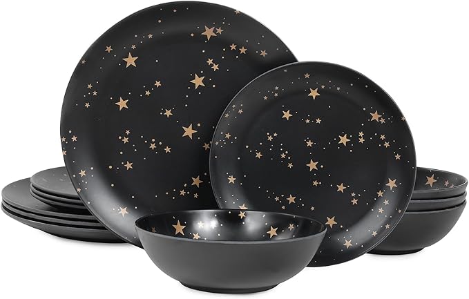 Black Melamine Dinnerware Sets - 12pcs Plates and Bowls Sets, Unbreakable Camping Dishes Set for 4, Indoor and Outdoor Use Non-breakable Dinner Set - Star