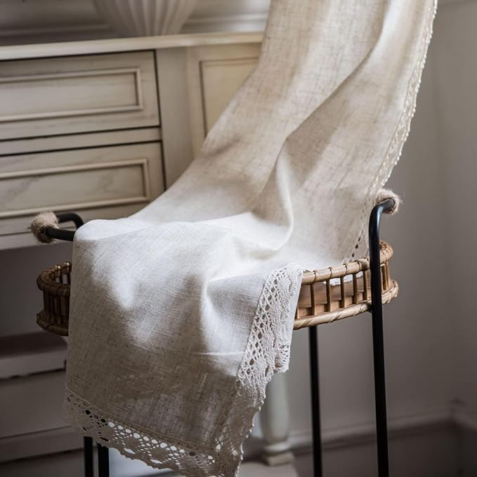 ColorBird Farmhouse Linen Curtains 84 inches Long, 2 Panels Macrame Trim Light Filtering Curtains Rustic Rod Pocket Window Treatments for Dining Living Room Bedroom Doorways