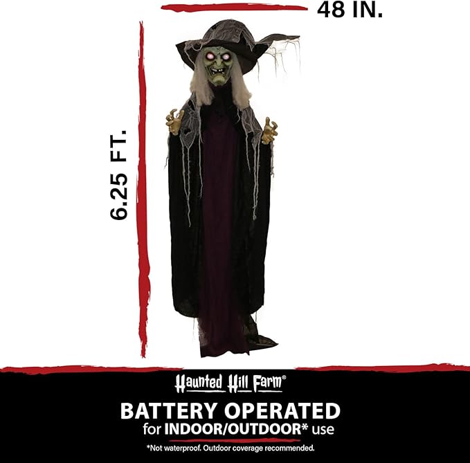Haunted Hill Farm Life-Size Poseable Scary Talking Witch, Halloween Animatronic with Touch Activated Lights and Sound, Battery Operated Indoor or Covered Outdoor Halloween Decorations, Fright Props
