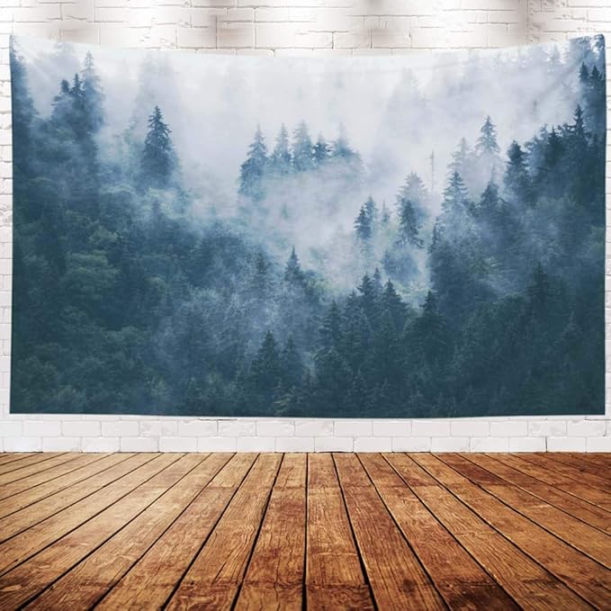 EMMTEEY Tapestry Wall Hanging, Tapestries Décor Living Room Bedroom for Home Inhouse by Printed 92.5X70.9 Inches for Misty Foggy Mountain Landscape Fir in Hipster Vintage Retro Style