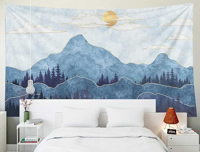 EMMTEEY Mountain Tapestry Wall Hanging Mountains Trees with Gold Sun Wall Hanging Tapestry 92.5X70.9 Large Wall Art for Bedroom Christmas Backdrop Home Wall Decor