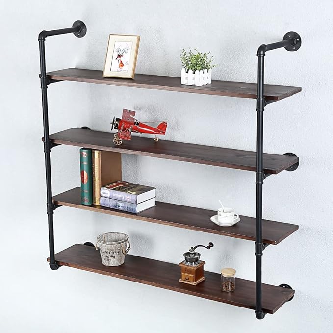 Industrial Pipe Shelving Wall Mounted,48in Rustic Metal Floating Shelves,Steampunk Real Wood Book Shelves,Wall Shelf Unit Bookshelf Hanging Wall Shelves,Farmhouse Kitchen Bar Shelving(4 Tier)