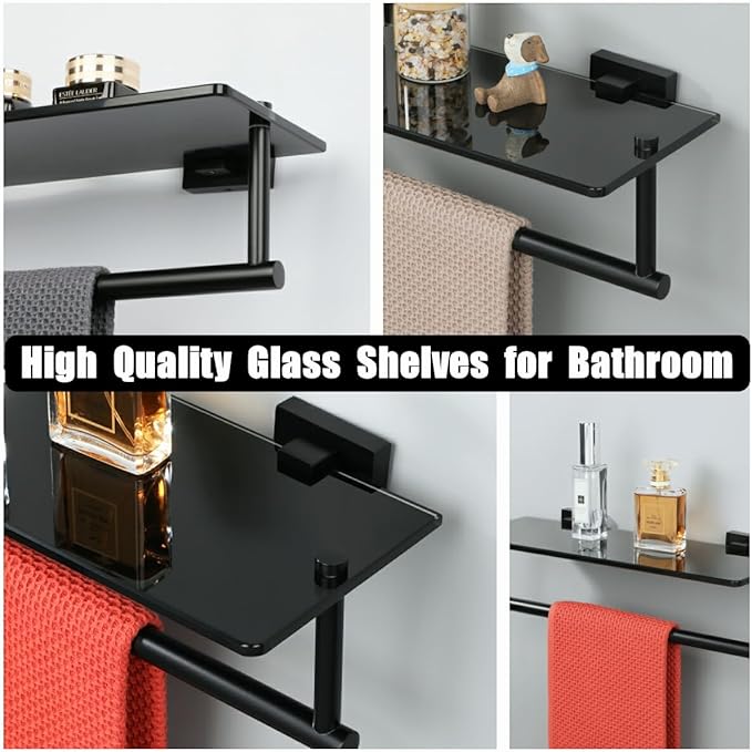 Alise Bathroom Shelves Glass Shelf with Bar,Wall Mount Floating Shelves for Bathroom,1 Tier Tempered Glass Holder Rack Storage Organizer,SUS304 Stainless Steel GOY6380-B Black