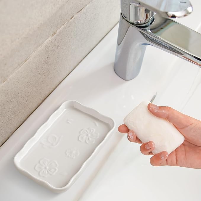 NiHome Ceramic Soap Dish for Bathroom or Kitchen Sink, Raised Floral Design Compact Size 5.7"x3.6"x0.78", Easy to Clean Moisture-Resistant Smooth Surface, Versatile Use for Soap, Jewelry & Accessories