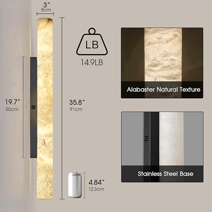 Bronze Alabaster Wall Sconces, 36" Large Marble Wall Sconce, Hardwired Black Wall Sconces Interior, Stone Wall Sconce Dimmable, Alabaster Wall Lamp for Living Room, Bathroom, Bedroom, Hallway-Upgraded