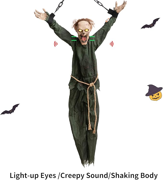 HollyHOME Animated Hanging Zombie Halloween Decoration with Glowing Eyes, Creepy Sound and Shaking Body Halloween Decorations Outdoor Scary Haunted House Prop Decor 60 Inch