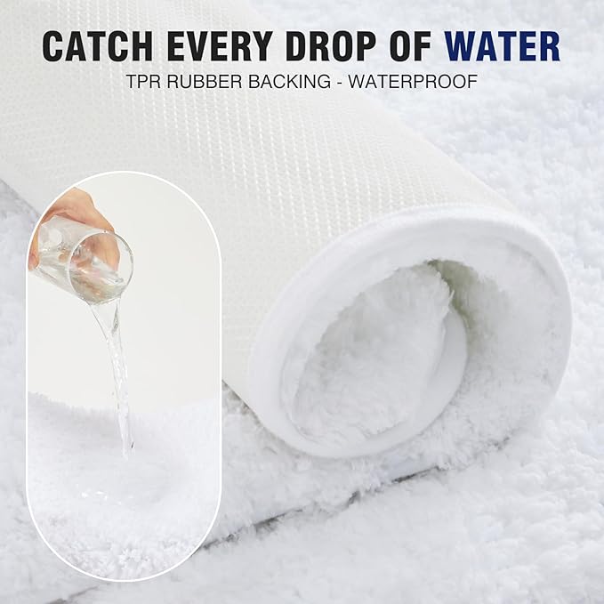 TECHMILLY U Shaped Super Soft Shaggy Bathroom Rugs, Absorbent Thick Non Slip Microfiber Toilet Rugs, Quick Dry Machine Washable Bath Mat for Bathroom Floor, Bathtub and Shower 24"x20" White