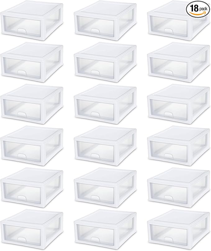 Sterilite 18-Pack 16 Quart Stacking Drawer, Clear Storage Closet Organizer, White Frame - Stackable Modular Plastic Drawers for Clothes, Accessories, Craft Supplies, Shoes or Linens