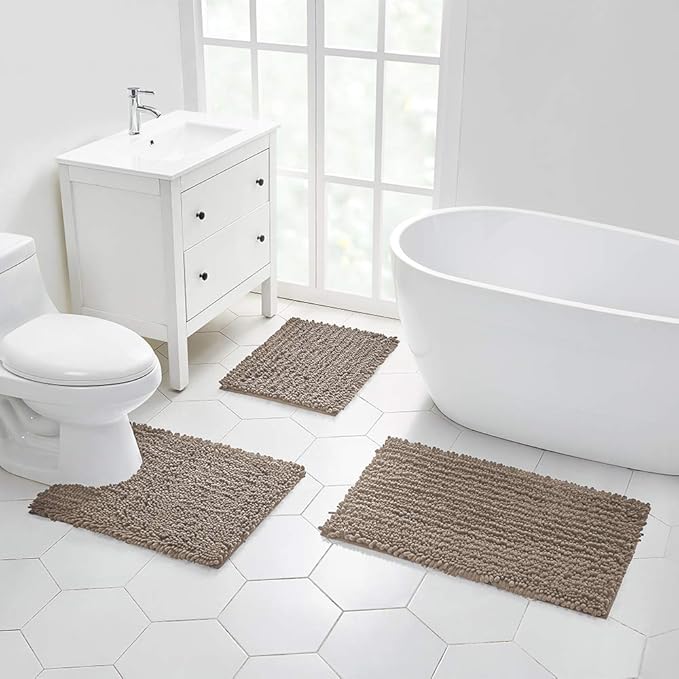 Walensee Bathroom Rug Non Slip Bath Mat (24x17 Inch Taupe) Water Absorbent Super Soft Shaggy Chenille Machine Washable Dry Extra Thick Perfect Absorbant Best Small Plush Carpet for Shower Floor