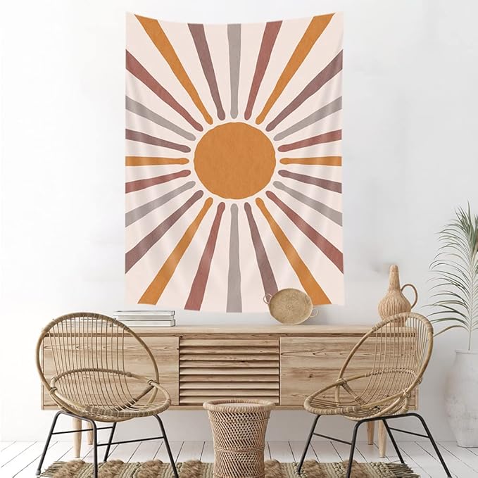 Bohemian Sun and Moon Vertical Tapestry, Vintage Aesthetic Retro 70s Rainbow Tapestry Wall Hanging for Bedroom, Minimalist Geometric Modern Art Tapestries Decor for Dorm Living Room Bedroom, 30X40