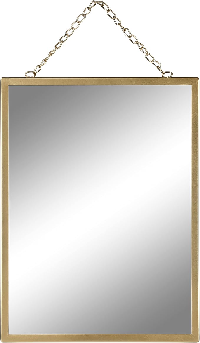 Gold Hanging Mirror with Chain, 12 x 16 Inch Rustic Wall Decor for Bathroom, Entry, Dining Room, and Living Room. Metal Rectangle Vanity Mirror, Decorative Mirror.