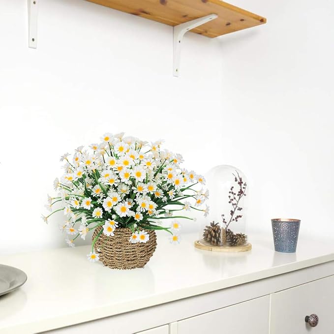 Artificial Daisies Flowers Outdoor UV Resistant 4 Bundles Fake Foliage Greenery Faux Plants Shrubs Plastic Bushes for Window Box Hanging Planter Farmhouse Indoor Outside Decor(White)