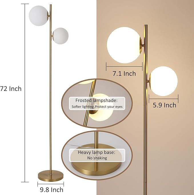COTULIN 2 Globe Floor Lamp for Living Room, 7.1 Inch Sphere Mid Century Modern Floor Gold Lamp for Bedroom,Brass Standing Tall Pole Lamp with White Frosted Glass Shade,Office Home Decor