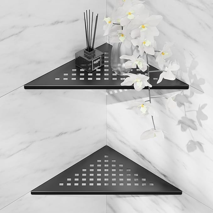 Shower Corner Shelf 10" Slot Design Bathroom Shelves for Tiled Wall, 304 Stainless Steel Recessed Shower Organizer Corner Shelves for Bathroom Decor, Matte Black, 2 Pack (Square)