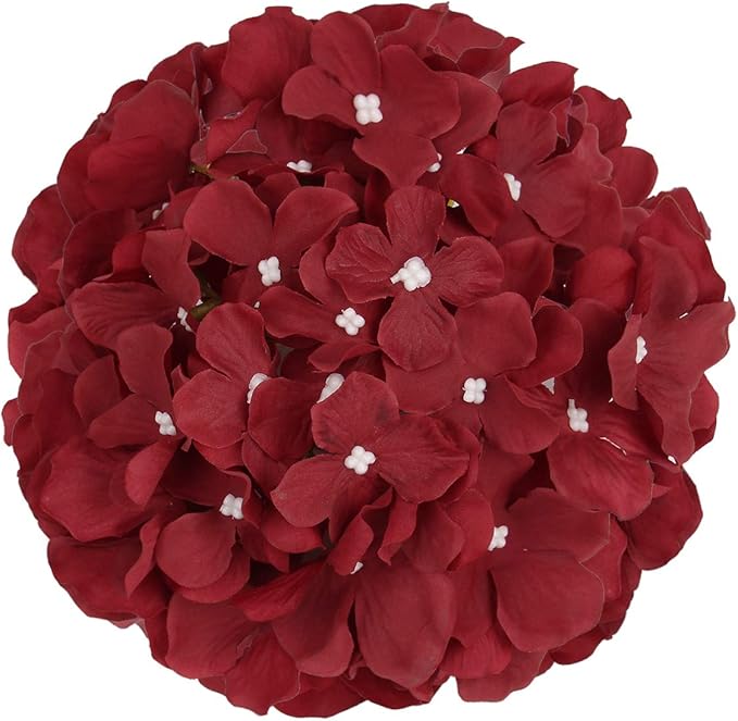 Flojery Silk Hydrangea Heads Artificial Flowers Heads with Stems for Home Wedding Decor,Pack of 10 (Burgundy)