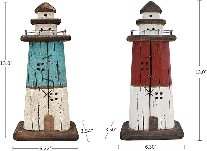 K KILIPES Beach Lighthouse for Bathroom Nautical Home Decor, Wood Lighthouse Table Decoration Coastal Centerpiece Hand Crafted Lighthouse Sculpture Ocean Decorations (Red/Blue, M)