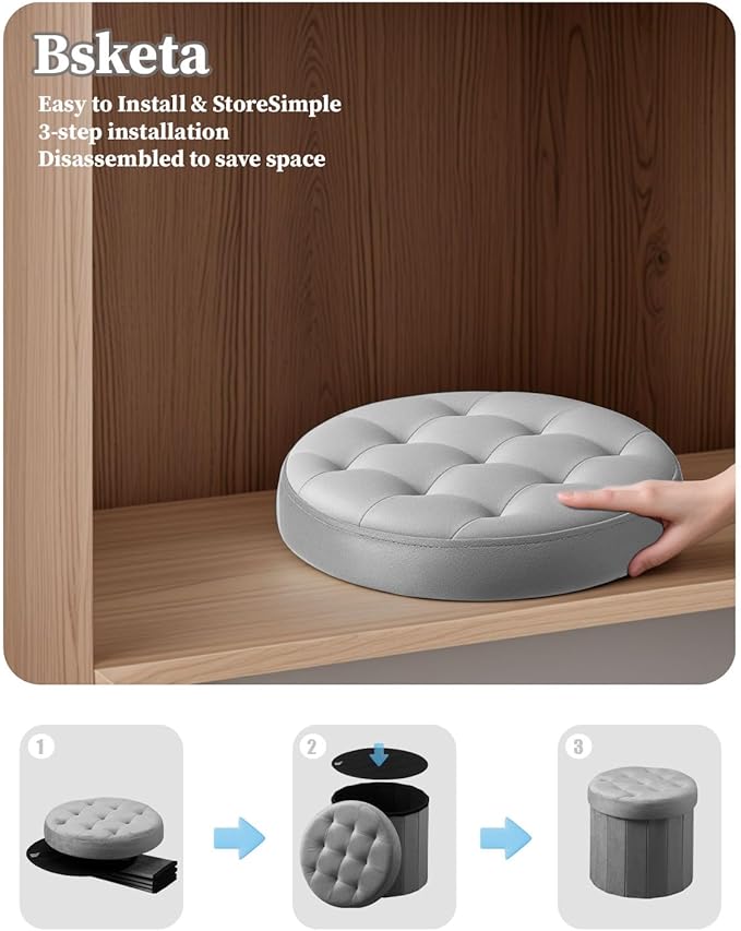 Bsketa® Folding Storage Ottoman Round 14" x 14" x 13"Inch Foot Stool with Thicker Foam Padded Seat Small Velvet Storage Ottoman Bench Foot Rest for Living Room Foldable Coffee Table(Grey)