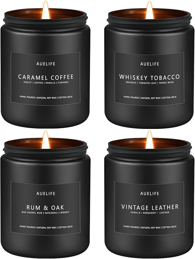 Scented Candles Set | Gifts for Men - 4Pack Masculine Candle for Father's Day, Soy Candle for Home Scented, Aromatherapy Gifts Scents of Caramel Coffee/Whiskey Tobacco/Rum & Oak/Vintage Leather