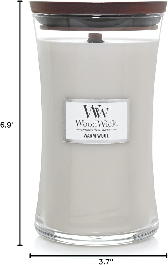 WoodWick Warm Wool Scented Hourglass Candle, Large 21.5 oz, with Crackling Pluswick Innovation, Up to 130 Hours of Smooth Soy-Paraffin Blend Burn Time