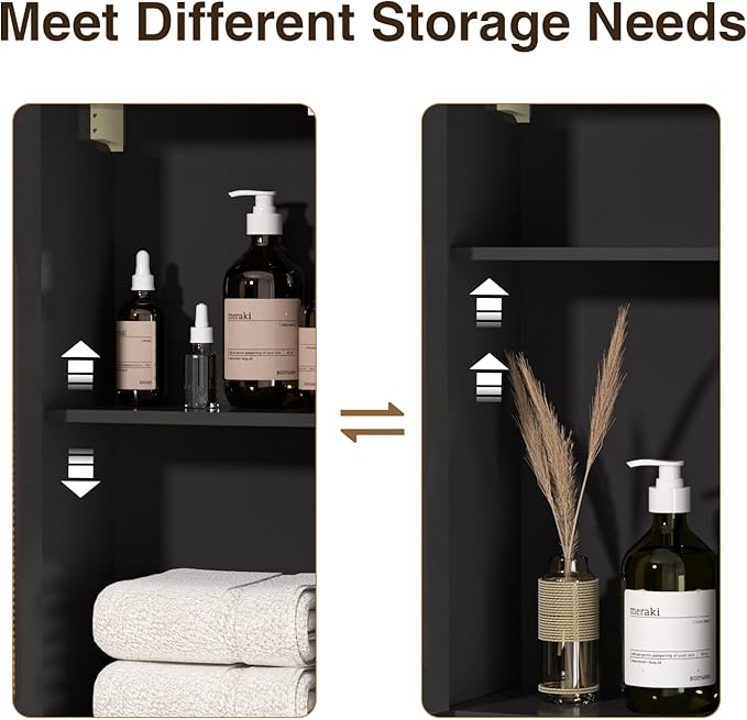 Rattan Bathroom Wall Cabinet, Boho Medicine Wall Cabinets with Door and Adjustable Shelves, Tall Kitchen Wall Mounted Storage Cabinet, Floating Hanging Cabinet Space Saver for Laundry Room,Black