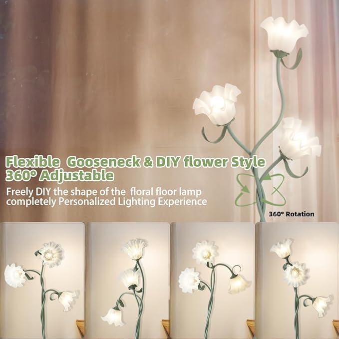 3 Heads Flower Floor Lamp, Vintage Corner Floor Lamp with Flexible Neck Shaft, Standing Lamps Tall Lamp for Home Decor,Living Room,Bedroom,Office, Lily of The Valley Lamp