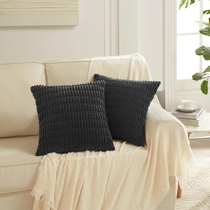 Fancy Homi 4 Packs Boho Black Decorative Throw Pillow Covers 22x22 Inch for Living Room Couch Bed Sofa, Rustic Modern Farmhouse Home Decor, Soft Plush Corduroy Cute Square Cushion Case 55x55 cm