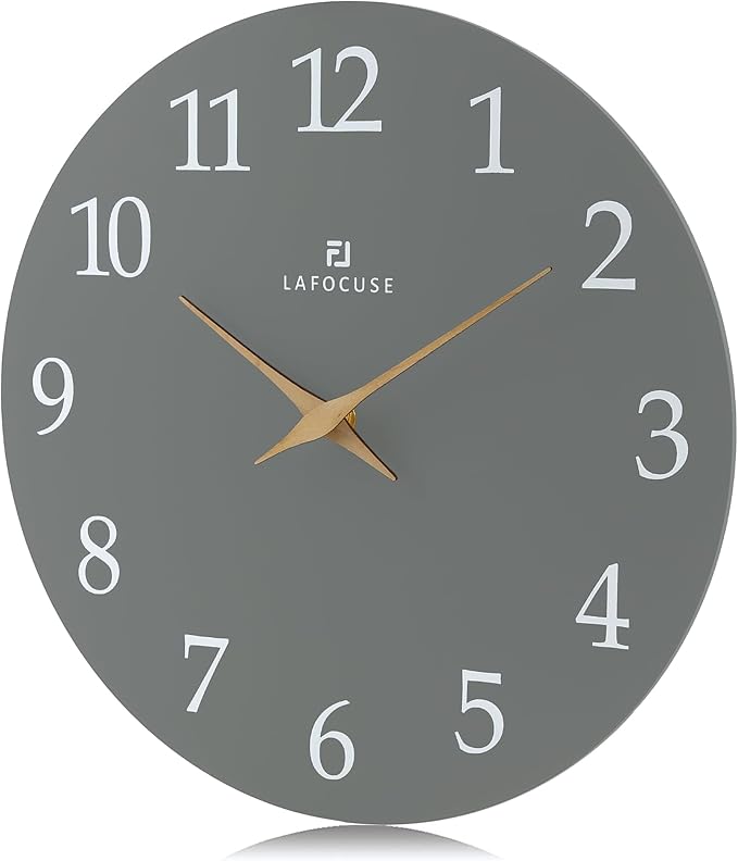 Lafocuse 12 Inch Silent Grey Wall Clock Battery Operated for Living Room Decor, Simple Minimalist Wooden Wall Clock for Kitchen Bedroom Office