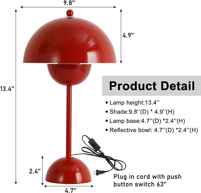 COSYLUX Modern Small Table Lamp for Bedroom, Cute Dome Shade Reflecting Light Reading Lamp for Living Room, Kid's Room, Study, Office, Beside Bedside Nightstand Desk Lamp(Red)