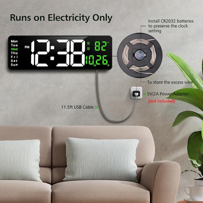 Zgrmbo 16-inch Digital Wall Clock with Remote Control, Large Display Digital Clock with Date, Indoor Temp, Week, 12/24H, Auto Dimming, A Wall Clock Suitable for Living Room, Warehouse, Shop, Gym