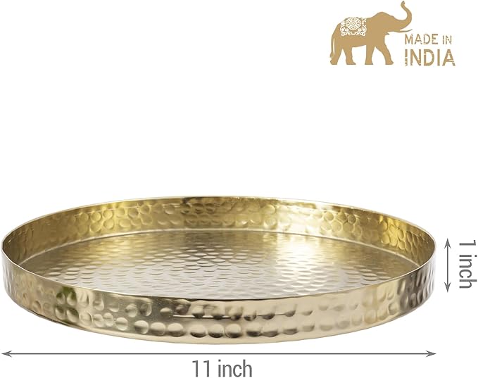 MyGift 11 Inch Deluxe Hammered Brass Round Decorative Tray - Aluminum Plated Serving Display Platter, Centerpieces and Vanity Tray - Handcrafted in India
