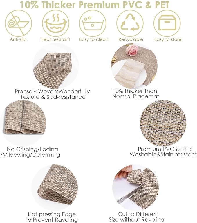 GIVERARE Placemats Set of 4, Heat-Resistant Woven Vinyl Placemat 12x18in, Non-Slip Washable PVC Table Mat, Easy to Clean Premium Plastic Mats for Dining, Kitchen Table (Cappuccino)