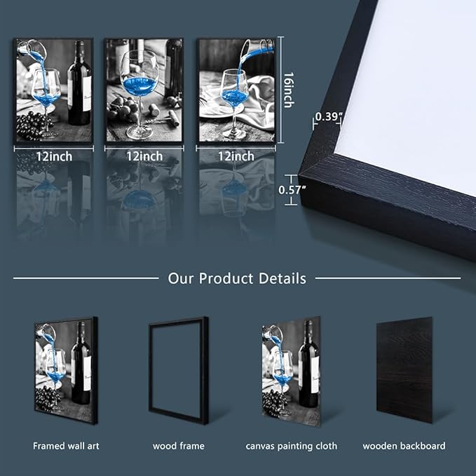 TTHYUEWS Black Framed Wall Art For Kitchen Modern Wall Decor For Dining Room Black And White Wall Paintings Blue Wine Glasses Pictures Prints Artwork Ready To Hang For Restaurant Home Decor 3 Piece