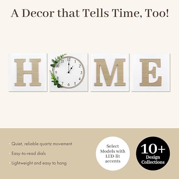 Young's Inc Wood Block Home Wall Clock and Sign, Wall Art for Living Room Decor, Farmhouse, Wall Decor, Battery Operated Clock, Set of 4