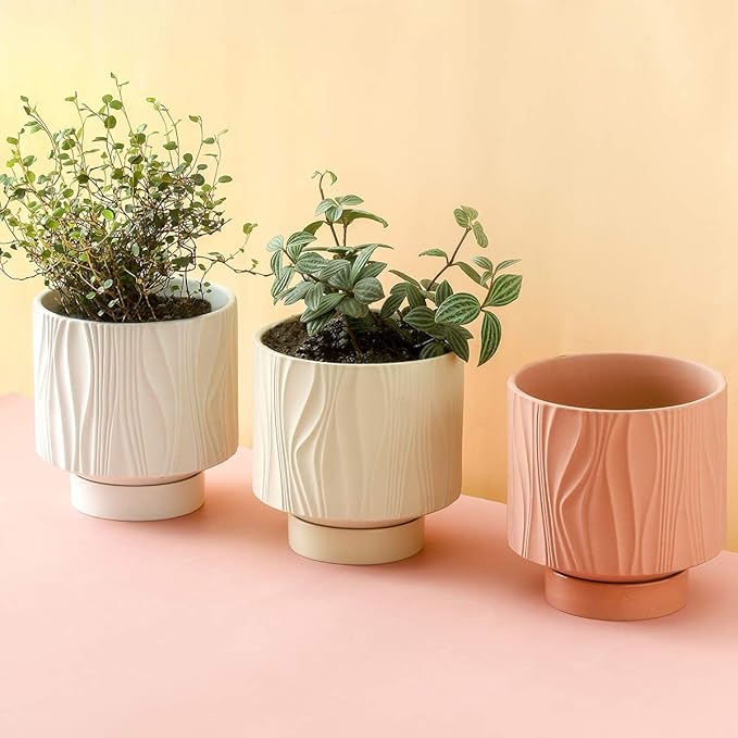 UBEE Plant Pots Indoor-5.5 inch Ceramic Flower Pot Succulent Pot with Drainage Hole and Ceramic Tray-Water Ripple for Gardening Home Desktop Office-Plants NOT Included(Ochre/Terracotta)