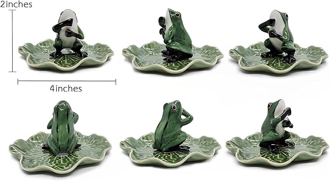 Tiny 2" High Dark Green Frog On 4" Wide Lotus Leaf Incense Holder - Ceramic Incense Stick Tray Porcelain Miniature Handmade Animals Figurine Display Cute Mini Colorful Décor Gift