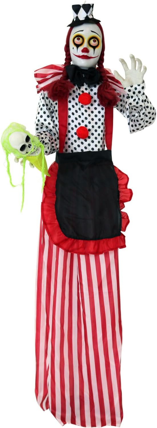 Haunted Hill Farm Life-Size Scary Talking Clown Girl, Creepy Halloween Prop with Touch Activated Lights, Poseable, Battery Operated Indoor or Covered Outdoor Halloween Decorations