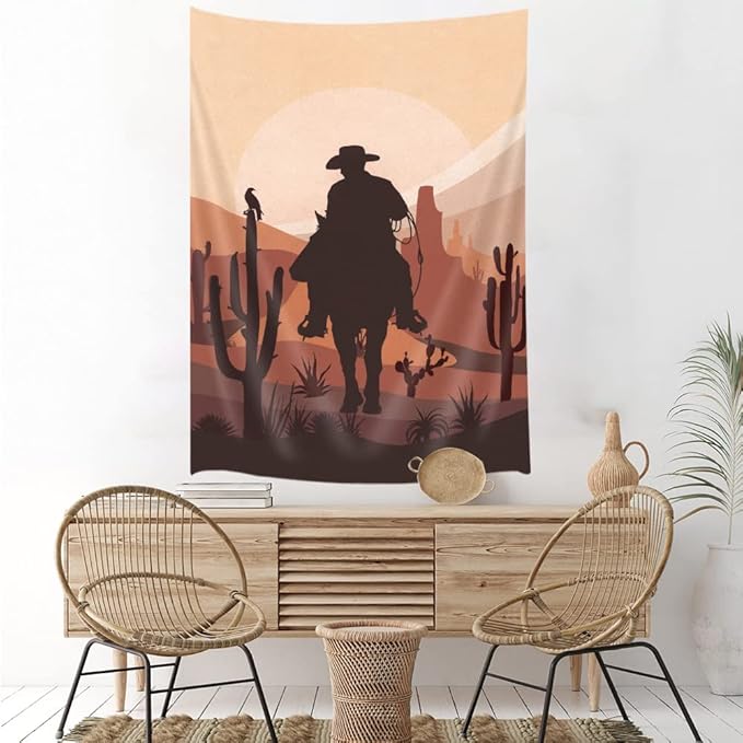 Western Cowboy Tapestry, Country Themed Clipart Illustration Cowboy Riding in Desert Wild West, Mid Century Modern Cactus Moon Bohemian Tapestry Wall Hanging Bedroom Living Room Dorm, 30X40IN