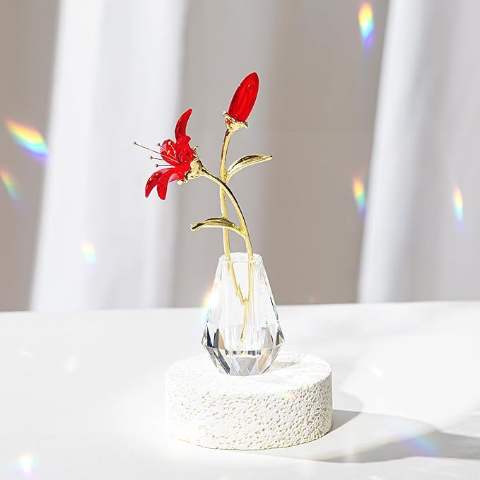 Crystal Lily Figurine, Glass Flowers with Stem,Flower Collectible Gifts for Woman, Wedding Party Decor(Red)