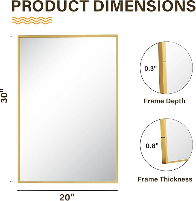 HARRITPURE 30"x20" Rectangular Bathroom Mirror Vanity Wall Mirrors Aluminium Alloy Frame Wall-Mounted for Over Sink Entryway Bedroom Living Room Gold