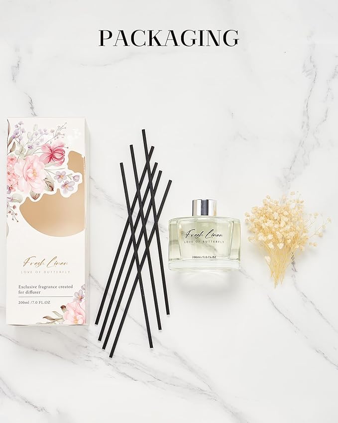 M&SENSE Fresh Linen Reed Diffuser Set with 7 Sticks | Baby's Breath Flower - 7.0oz Floral & Fruity Scent, Home Fragrance Flame Free Diffuser for Housewarming Gift, Long Lasting Room Fresheners