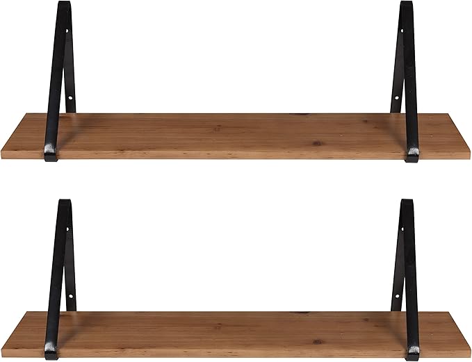 Kate and Laurel Soloman Wooden Shelves with Simple Metal Brackets, Rustic Brown and Black, 2 Piece Set