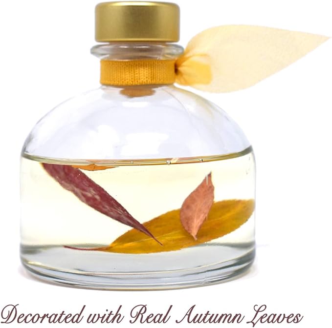 LOVSPA Autumn Leaves Spiced Caramel Vanilla Scented Reed Diffuser Room Fragrance - Sweet Caramel, Warm Nutmeg, Cinnamon & Vanilla Cream - Decorated with Real Fall Leaves! Great Kitchen Scent
