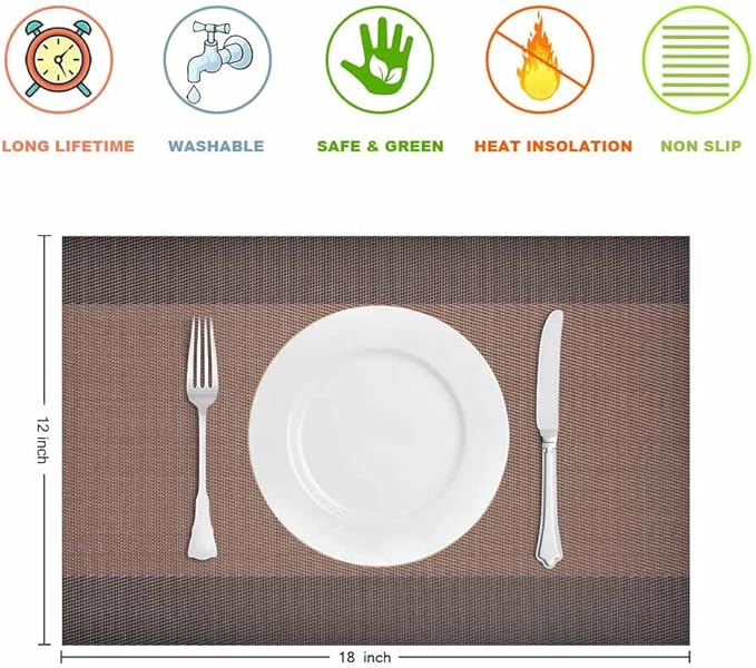 GIVERARE Placemats Set of 4, Heat-Resistant Woven Vinyl Placemat, Non-Slip Washable PVC Table Mat, Easy to Clean Premium Plastic Mats for Dining, Kitchen Table (Dark Brown)